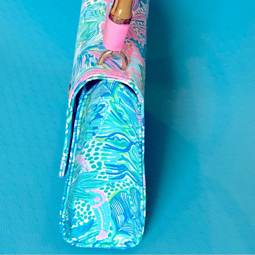 LILLY PULITZER Blue Mini Bag Bamboo Top Handle Botanical Green Holiday Sun - Picture 2 of 6